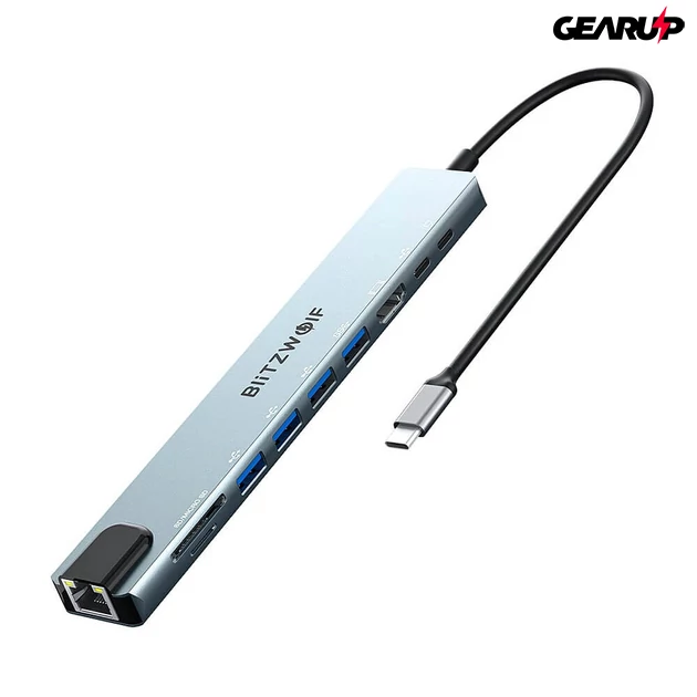 Kép 1/4 - BlitzWolf BW-TH5 10 az 1-ben elosztó HDMI, USB, memóriakártya és hálózati csatlakozókkal, 100W - új verzió