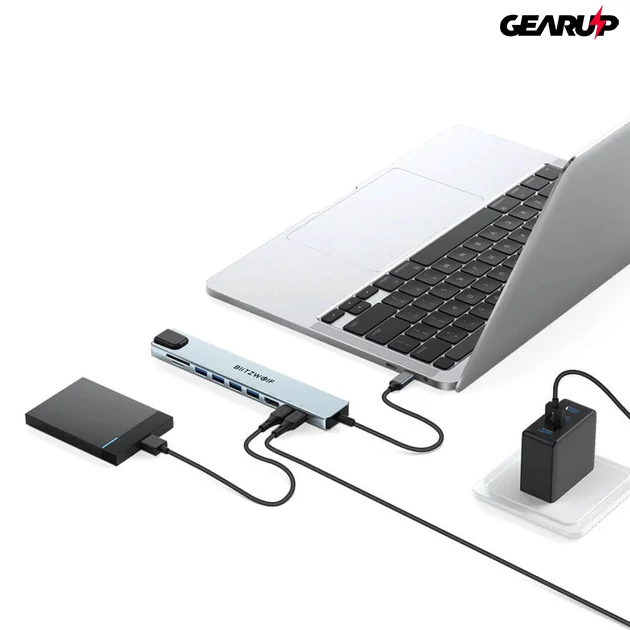 Kép 3/4 - BlitzWolf BW-TH5 10 az 1-ben elosztó HDMI, USB, memóriakártya és hálózati csatlakozókkal, 100W - új verzió