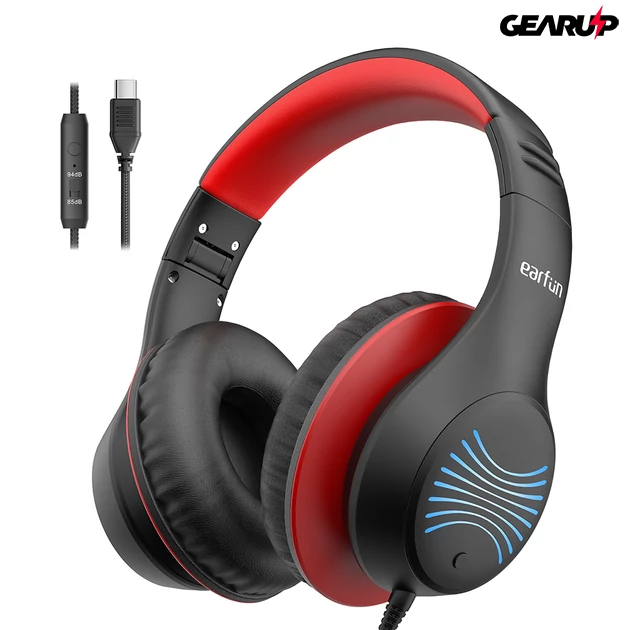 Kép 4/4 - Earfun K3 vezetékes gyerek fejhallgató, hangerőkorlátozás, LED világítással - USB-C - Fekete