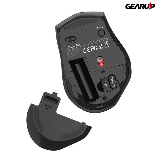 Kép 4/5 - BlitzWolf BW-MO2 2,4 GHz-es vezeték nélküli ergonomikus Plug and Play 6 gombos egér 4 DPI-szinttel, USB-A és Type-C vevővel