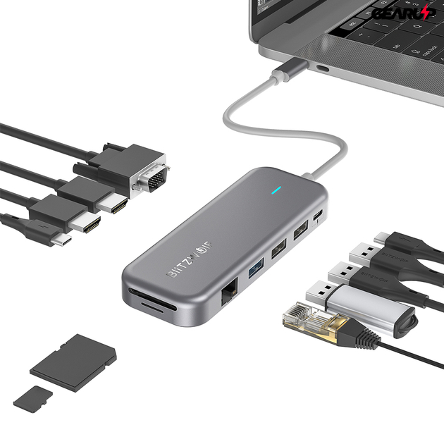 BlitzWolf® BW-TH11: 11 az 1-ben USB 3.0 Type-C elosztó 2 HDMI porttal (100W)