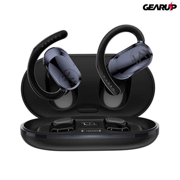 Kép 1/3 - Xiaomi Haylou Earhook kampós, nyitott kialakítású, akkumulátor kijelzős vezeték nélküli fülhallgató (fekete)