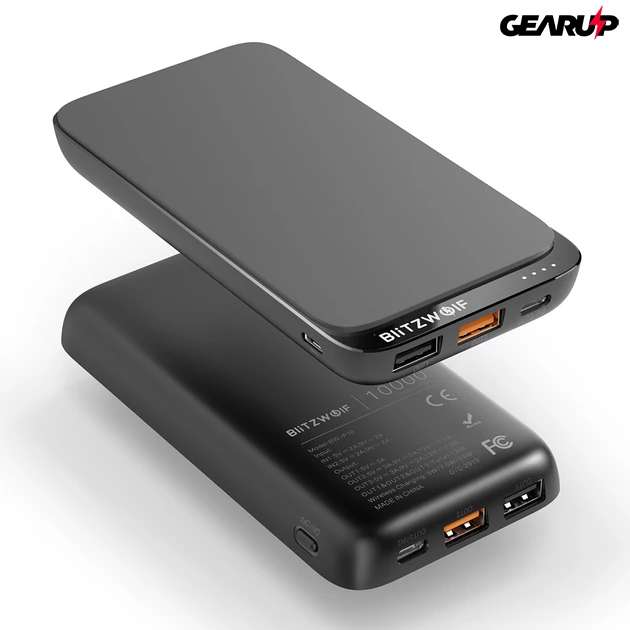 Kép 3/7 - BlitzWolf® BW-P10: hordozható külső akkumulátor vezeték nélküli töltéssel és 4 kimenetel - 10000mAh - Fekete