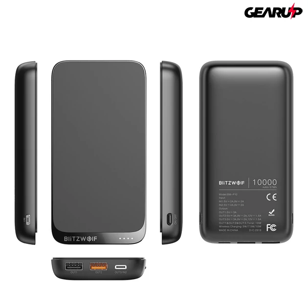 Kép 5/7 - BlitzWolf® BW-P10: hordozható külső akkumulátor vezeték nélküli töltéssel és 4 kimenetel - 10000mAh - Fekete