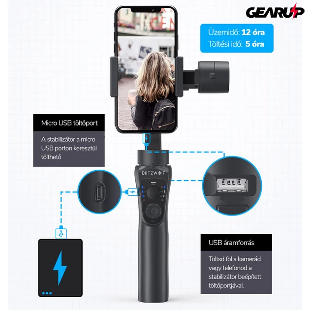 Kép 12/17 - BlitzWolf® BW-BS14: 3 tengelyes stabilizátor gimbal mobiltelefonhoz