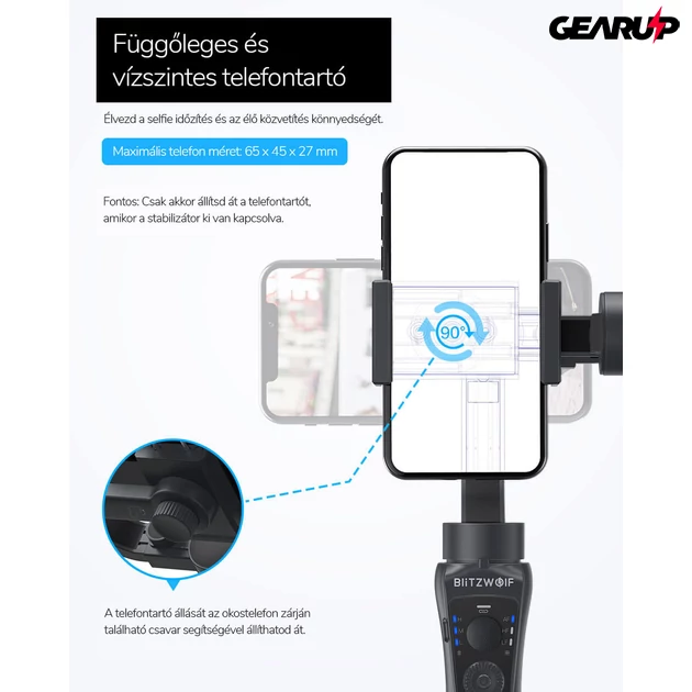 Kép 11/17 - BlitzWolf® BW-BS14: 3 tengelyes stabilizátor gimbal mobiltelefonhoz