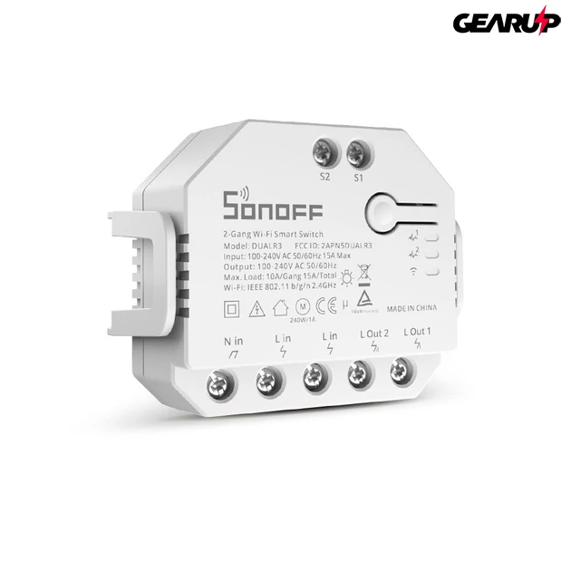 Kép 2/6 - Sonoff Dual R3 WiFi-s okosrelé, két áramkörös, fogyasztásméréssel, redőnyvezérléssel