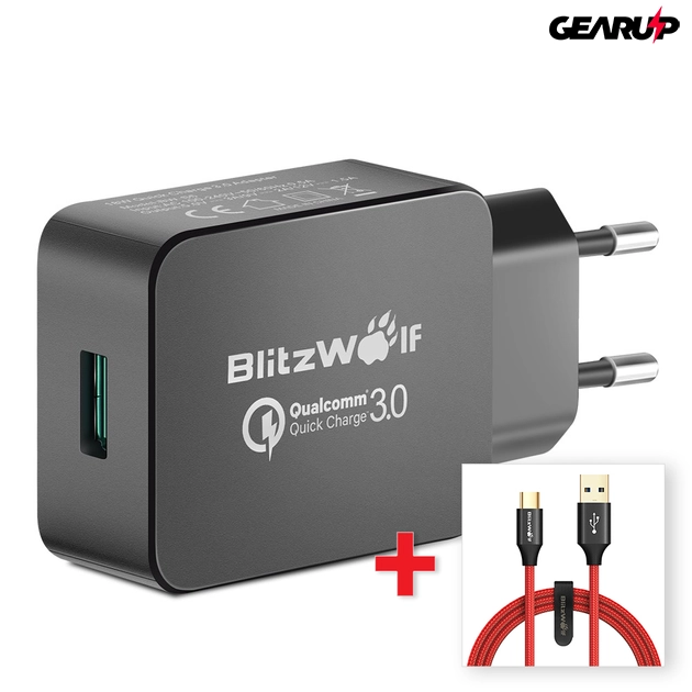 Kép 2/5 - BlitzWolf® USB hálózati gyorstöltő (18W) + USB 3.0 Type-C töltő- és adatkábel (1.8m)