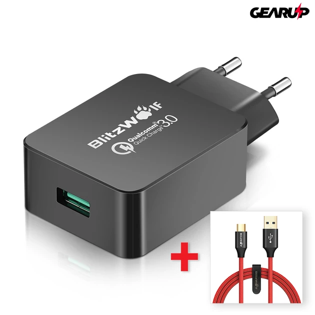 Kép 3/5 - BlitzWolf® USB hálózati gyorstöltő (18W) + USB 3.0 Type-C töltő- és adatkábel (1.8m)