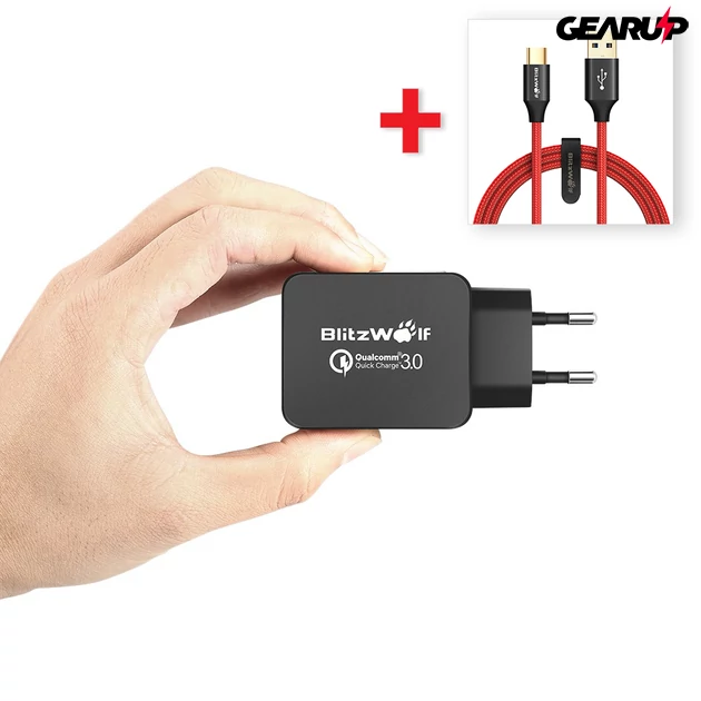 Kép 4/5 - BlitzWolf® USB hálózati gyorstöltő (18W) + USB 3.0 Type-C töltő- és adatkábel (1.8m)