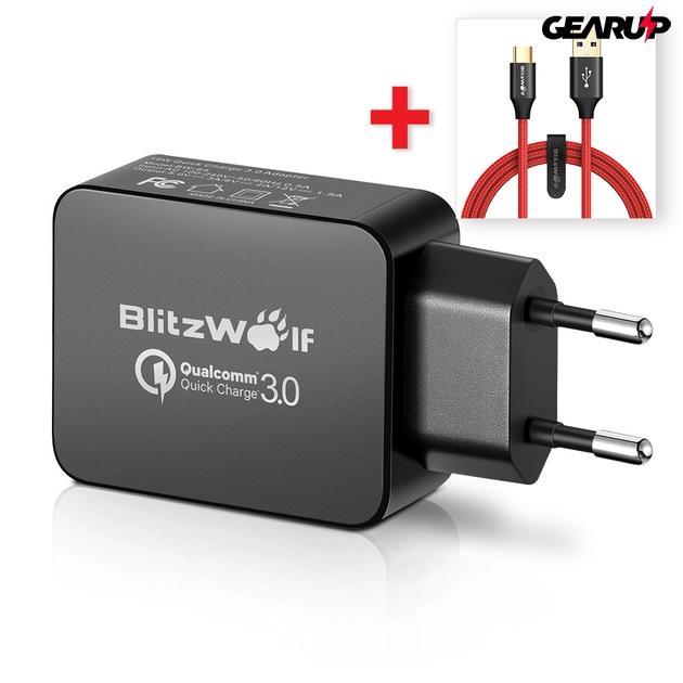 Kép 1/5 - BlitzWolf® USB hálózati gyorstöltő (18W) + USB 3.0 Type-C töltő- és adatkábel (1,8m) 1