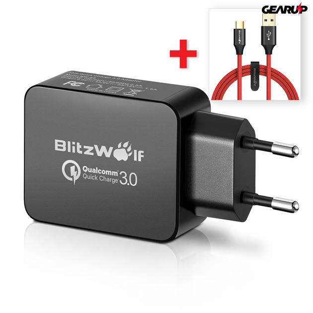 BlitzWolf® USB hálózati gyorstöltő (18W) + USB 3.0 Type-C töltő- és adatkábel (1,8m) 1