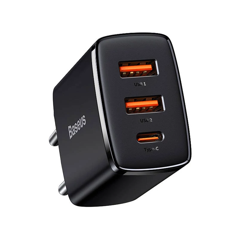Baseus kompakt gyorstöltő, 2xUSB, USB-C, PD, 3A, 30W (fekete)