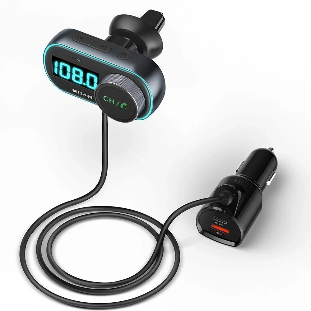 BlitzWolf BW-BC3 Bluetooth 5.0 FM transzmitter és töltő, 30W PD + 18W QC3.0 USB