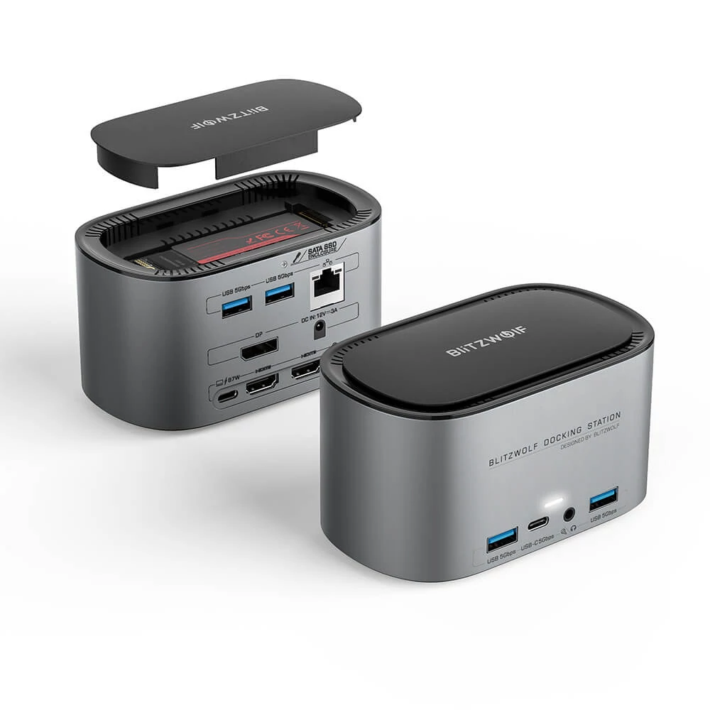 BlitzWolf BW-TH12 14 az 1-ben USB-C dokkoló - M.2 SATA 3.0, 4K HDMI, 1x DP, 4x USB 3.0 port, 3x Type-C, 3.5 jack, 1x RJ45 LAN port
