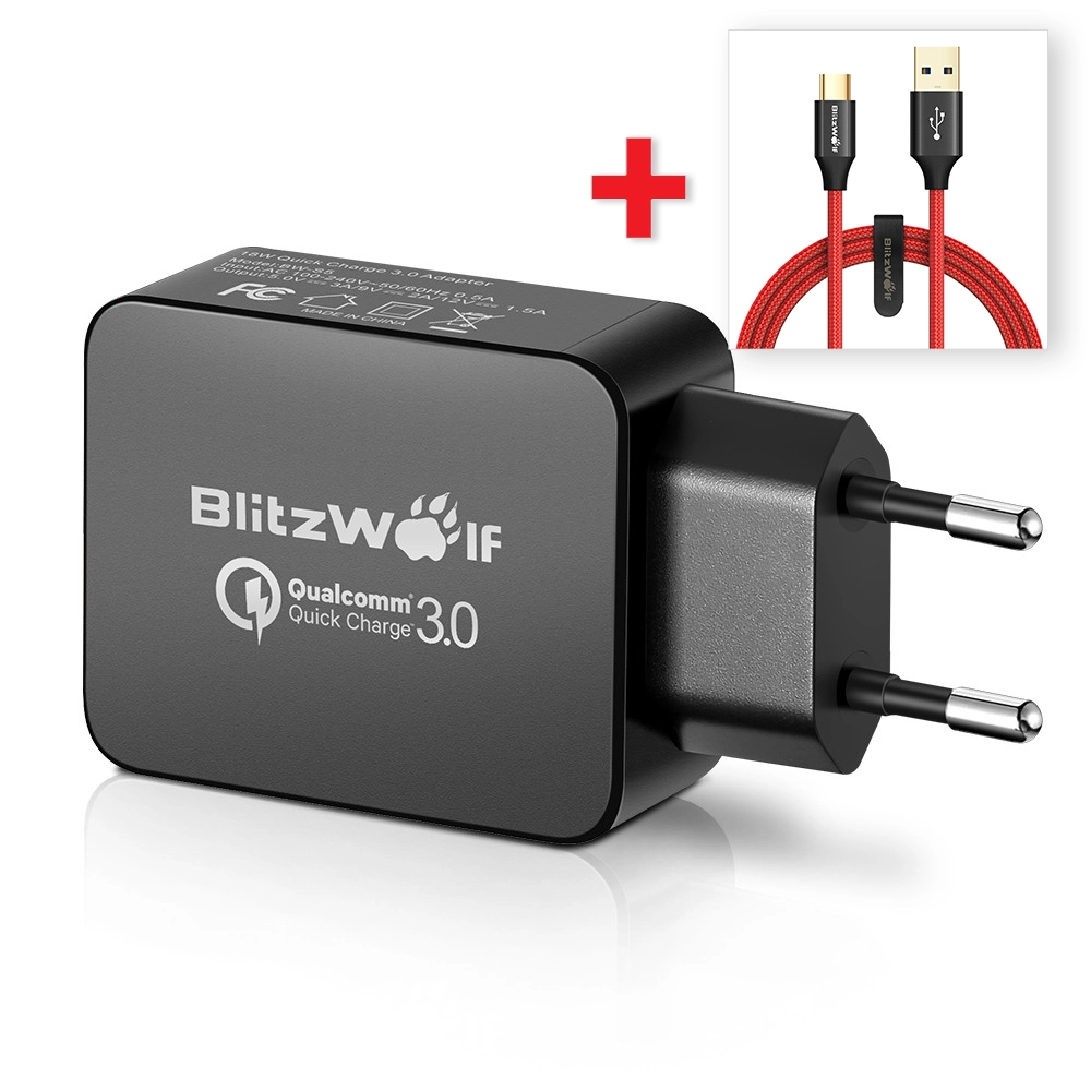 BlitzWolf USB hálózati gyorstöltő - 18W + USB 3.0 Type-C töltő- és adatkábel - 1,8m